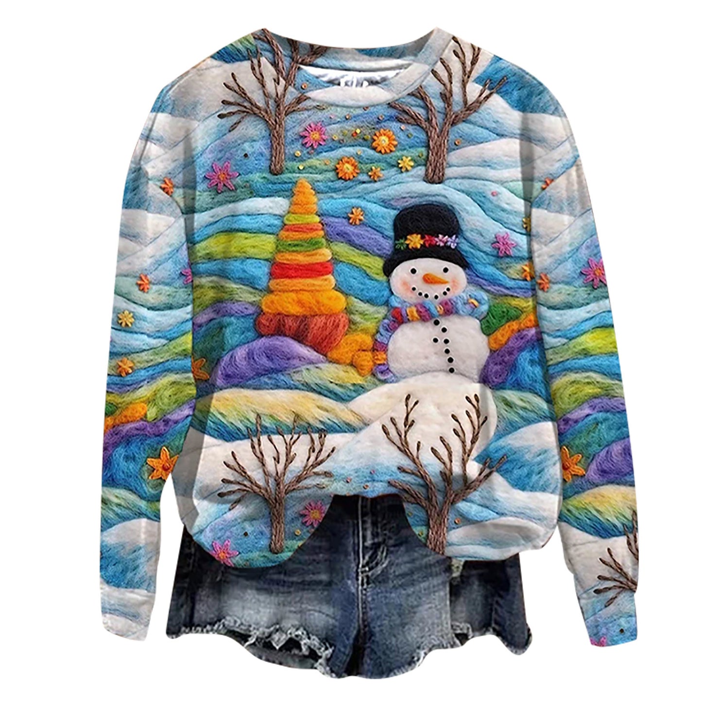 Autumn And Winter 3D Digital Printing Christmas Round Neck Top