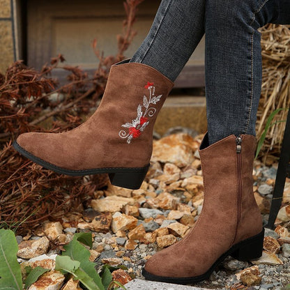 New Women's Mid-Calf Embroidered Boots