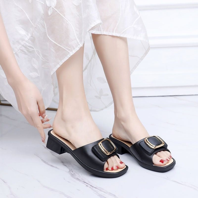 Women's Chunky Heel High Heel Summer Slippers with Buckle - Korean Style Outdoor Beach Shoes