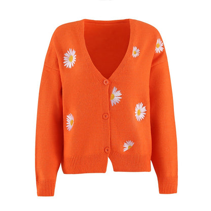 Women's Single Breasted Sweater Chrysanthemum Embroidered Cardigans Coat