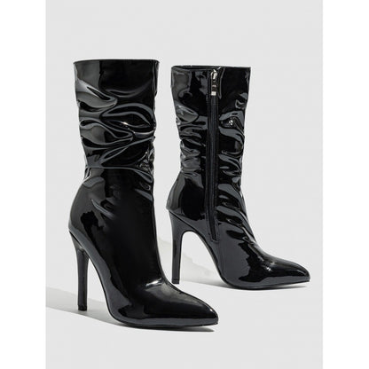 Pointed Stiletto High Heel Boots in Patent Leather with Pile Style Design