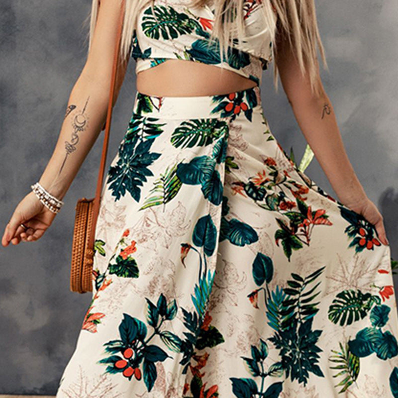 Summer Beach Style Plant Printed V-neck Short Sleeve Top High Waist Skirt