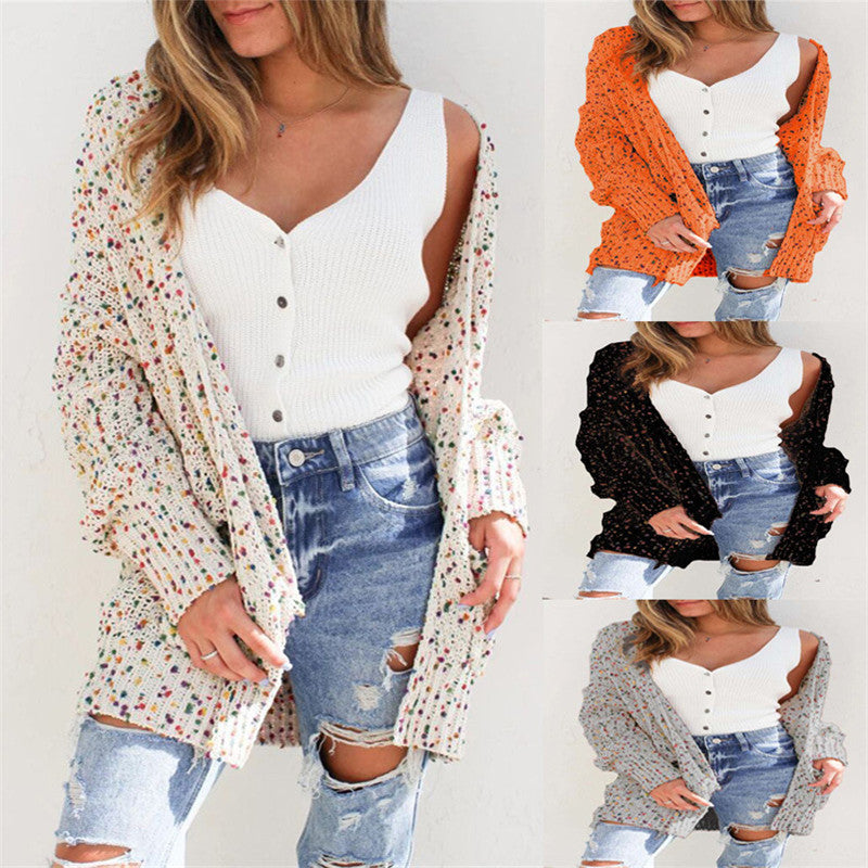 Color Dot Cardigan Long Sleeve Pocket Sweater