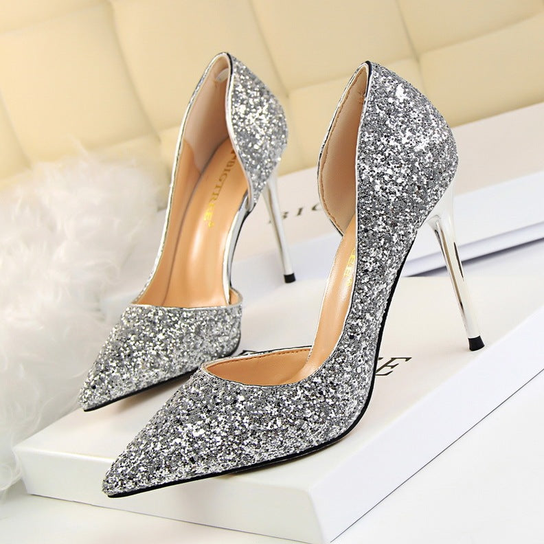 Skinny Women's Stiletto Heels with Pointed Toe, Side Hollow-out, and Sequin Accents