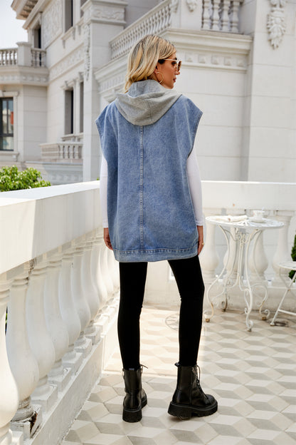 New Denim Waistcoat Vest Hooded Detachable