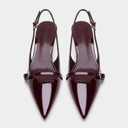 Wine Red Retro Pointed Toe Slingback Mules with Strap