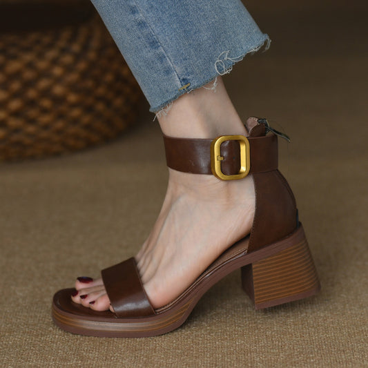 British Style Retro Chunky Heel Strap Sandals