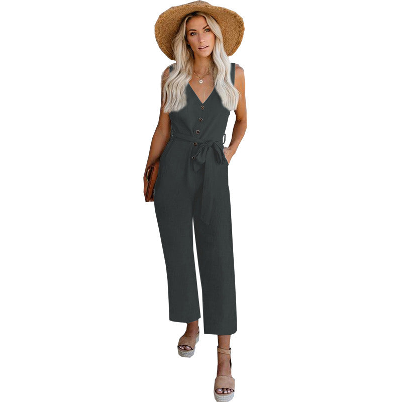 Strap Jumpsuit Solid Color Casual Waistband