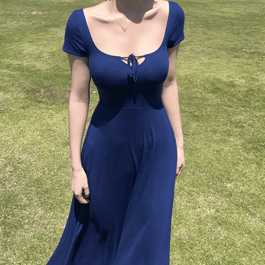 Vintage Deep Blue Round Neck Slim Dress