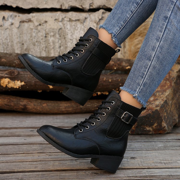 Women's Platform Wedge Ankle Boots with Pointed Toe, Lace-Up Design, Casual Black British Style