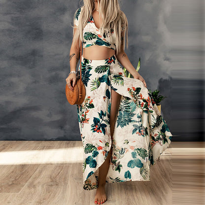 Summer Beach Style Plant Printed V-neck Short Sleeve Top High Waist Skirt