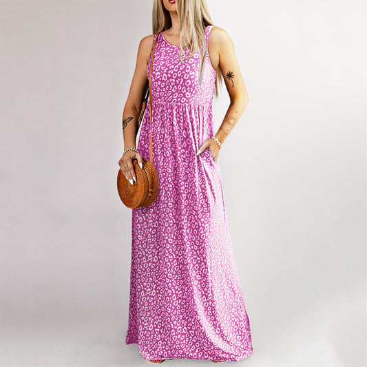 Leopard Print Vest Sleeveless Round Neck And Long Pattern Dress