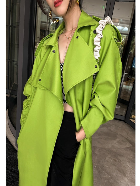 Luminous Green Mid-Length Windbreaker Jacket: Oversized Lapel, Loose Fit, Lace-Up Design