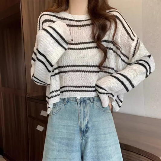 Striped Hollow-Out Loose Thin Sweater Short Top