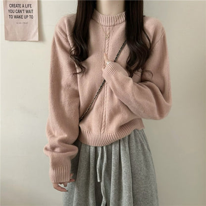 Korean Style Gentle Round Neck Cable-Knit Sweater