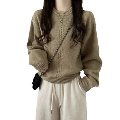 Korean Style Gentle Round Neck Cable-Knit Sweater