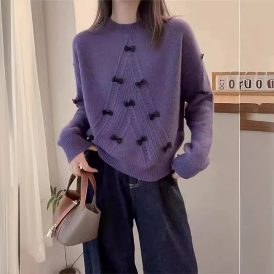 Round Neck Long Sleeve Hollow Bow Fashion Sweater with Anti-Aging Design