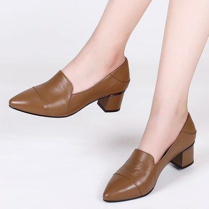 Soft Leather Low-cut Soft Leather Pointed Toe Thick Heel Leather Shoes