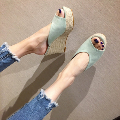 Peep Toe Suede Platform Wedge Slippers with Fashionable Word Strap for Women