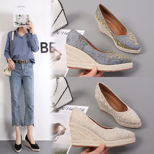 Women Pointed-toe Low-cut High Heel Straw Woven Hemp Rope Bottom Shoes