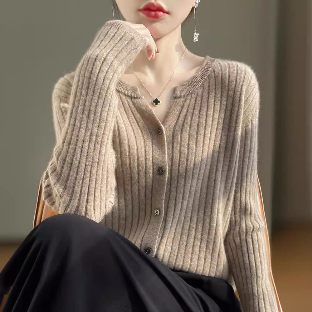 Round Neck Slim-Fit Short Striped Solid Color Knitted Cardigan