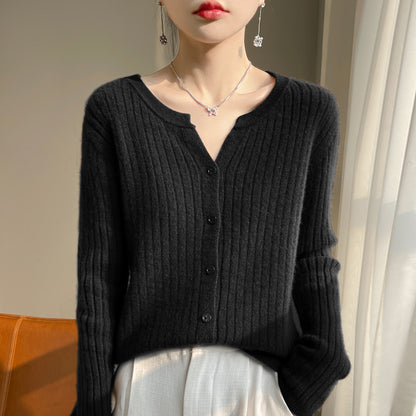 Round Neck Slim-Fit Short Striped Solid Color Knitted Cardigan