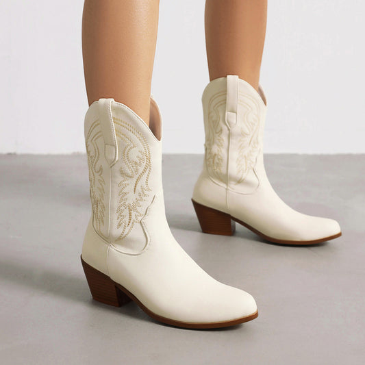 Stylish Women's Ankle Boots with Simple Design, Thick Mid Heel, and Embroidered Detail