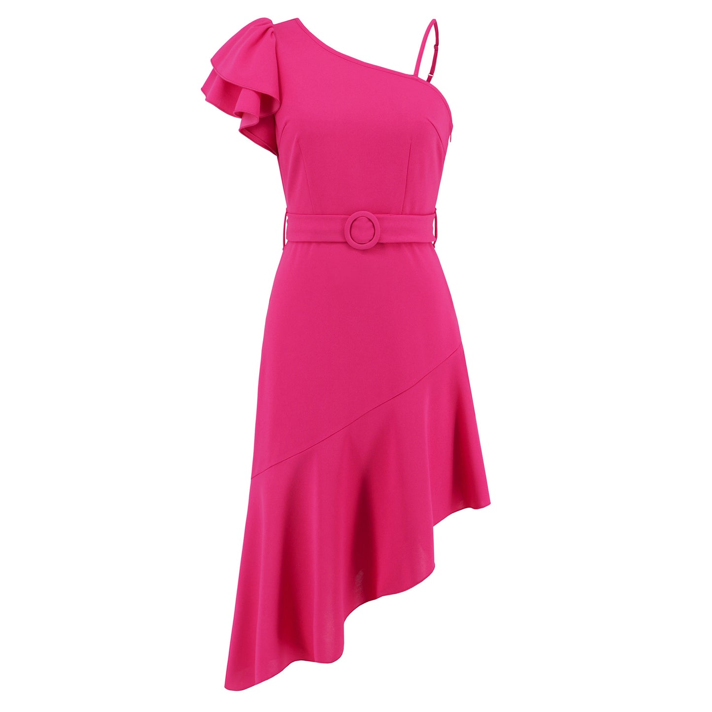 High Waist Irregular Hem Dress with Ruffled Spaghetti Straps