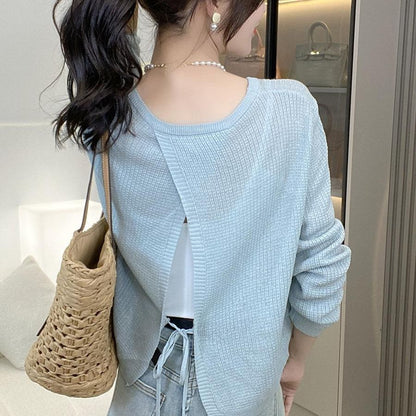 Women's New Thin Lace-Up Knitted Top with Long Sleeves