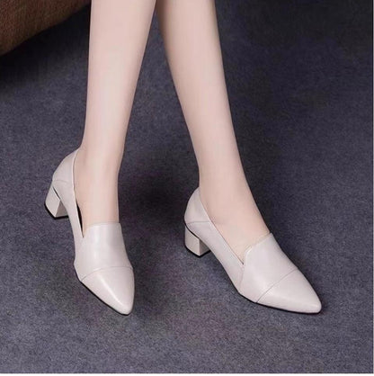 Soft Leather Low-cut Soft Leather Pointed Toe Thick Heel Leather Shoes