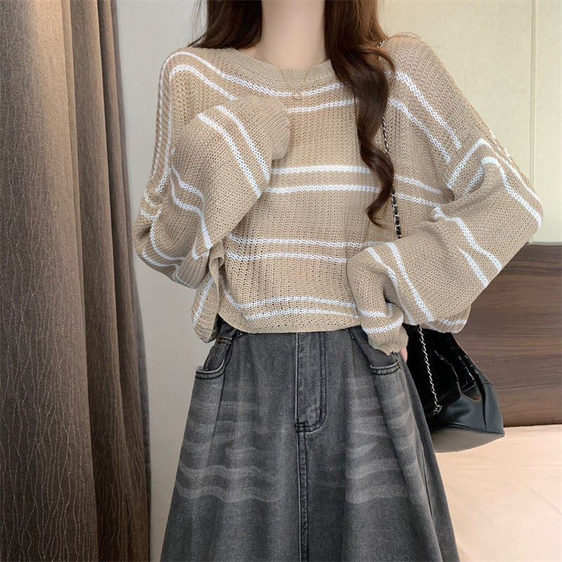 Striped Hollow-Out Loose Thin Sweater Short Top