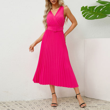 V-neck Pleated Belt Dress: European and American Style