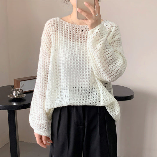 Thin Hollow-Out Long-Sleeved Crew Neck Pullover Sweater