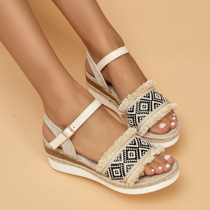 2024 Summer New Wedge Hemp Rope Ankle-strap Buckle Muffin Sandals