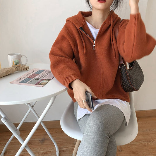 Elegant Hooded Knitted Short Coat Loose Sweater