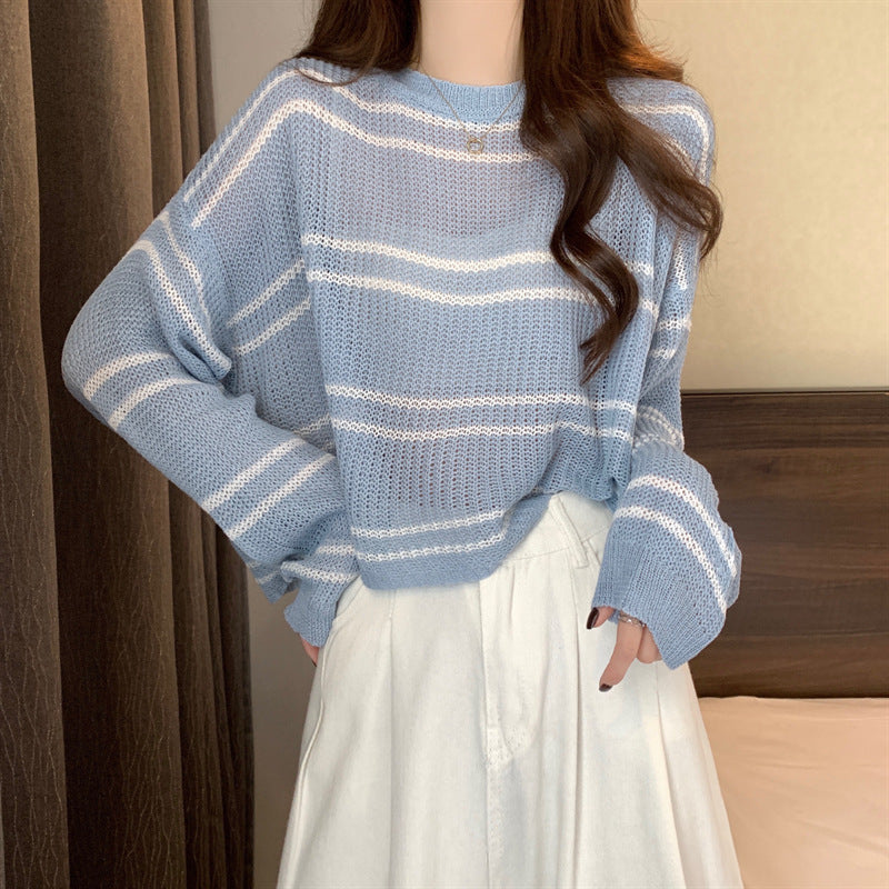 Striped Hollow-Out Loose Thin Sweater Short Top