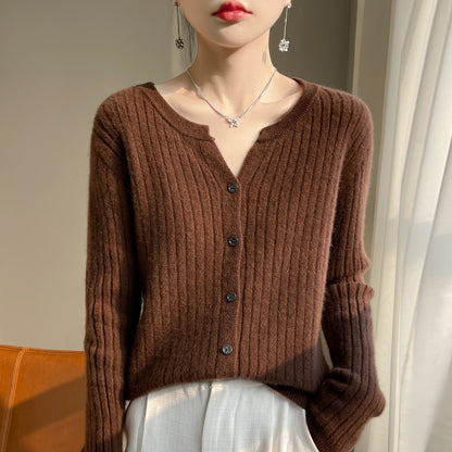 Round Neck Slim-Fit Short Striped Solid Color Knitted Cardigan