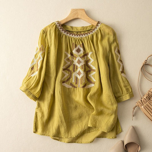 Women's Fashionable Slimming Cotton And Linen Embroidered Crew Neck Top