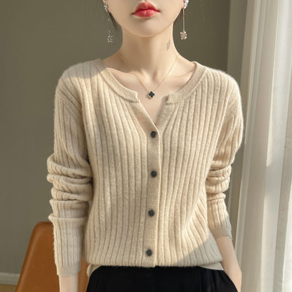 Round Neck Slim-Fit Short Striped Solid Color Knitted Cardigan