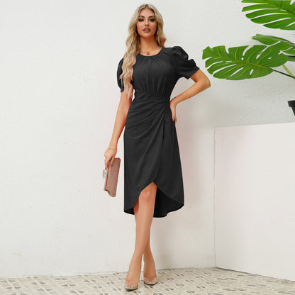 European and American Business Round Neck Puff Sleeve Slim Dress