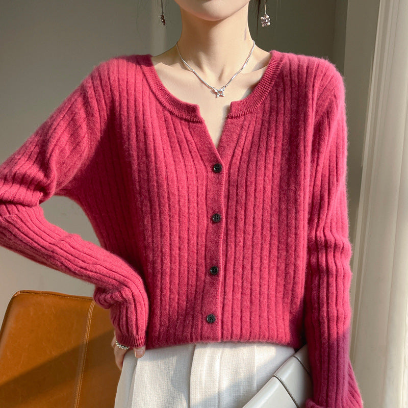 Round Neck Slim-Fit Short Striped Solid Color Knitted Cardigan