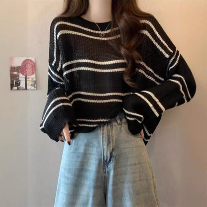 Striped Hollow-Out Loose Thin Sweater Short Top