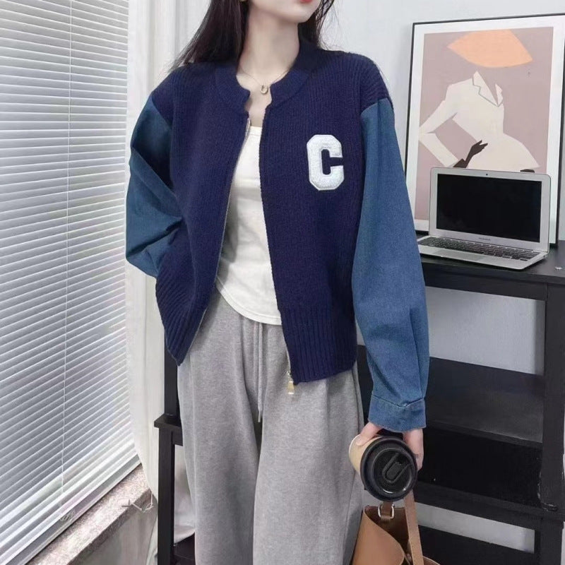 Women's Autumn/Winter Sweater Stitching Denim Loose Retro Style Coat