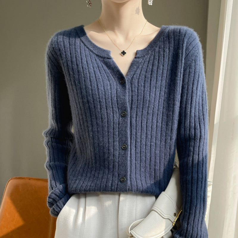 Round Neck Slim-Fit Short Striped Solid Color Knitted Cardigan