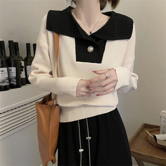 French Contrast Color Lapel Knitted Long Sleeve Sweater