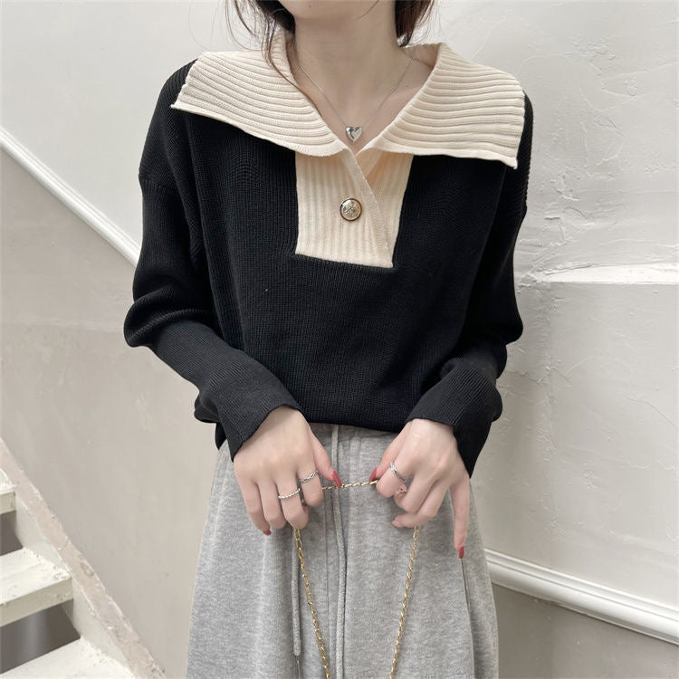 French Contrast Color Lapel Knitted Long Sleeve Sweater