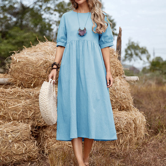 Solid Color Loose Waist Cotton Linen Round-neck Dress