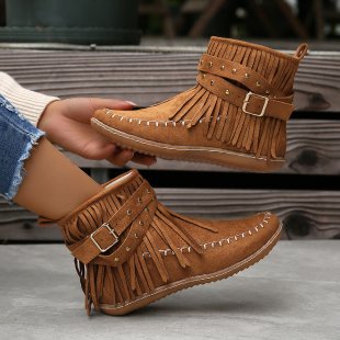 Women's Double-Layer Tassel Flat-Bottom Fleece-Lined Boots