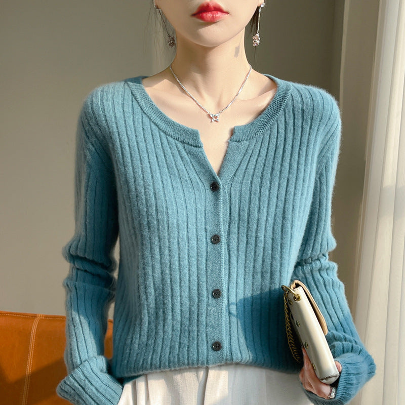 Round Neck Slim-Fit Short Striped Solid Color Knitted Cardigan