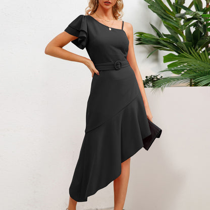 High Waist Irregular Hem Dress with Ruffled Spaghetti Straps